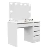 A white vanity table with a lighted mirror and drawers, with some cosmetic items on top. Voir les images du produit