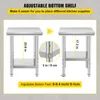 This image displays two views of an adjustable stainless steel shelf unit, with callouts showing measurements and adjustment features. Podgląd zdjęcia produktu