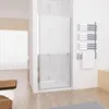 A modern bathroom with a walk-in shower, towel rack, and laundry basket. Produktbild-Vorschau