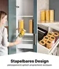 A collage showing different views of glass storage jars with bamboo lids, some filled with pasta and other dry goods, and a woman placing a jar into a cabinet. Voir les images du produit