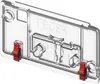A clear, studio shot of a transparent plastic cistern lid with red locking clips. Produktbild-Vorschau