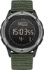 A close-up, front-facing view of a digital sports watch with a green fabric strap. Produktbild-Vorschau