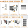 Instructions for mounting a zebra blind, showing two methods: without drilling and with drilling. Voir les images du produit