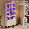 A white bookshelf with LED lighting and decorative items, a floor lamp, and a remote control. Produktbild-Vorschau
