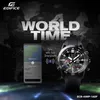 A Casio Edifice watch is shown next to a smartphone displaying a world map and time settings, with the text "WORLD TIME" and "Sync with Your Smartphone" prominently displayed. Voir les images du produit