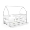 A white wooden children's bed with a house-shaped frame and a pull-out drawer underneath. Produktbild-Vorschau