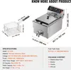A commercial deep fryer with its basket and dimensions shown, along with specifications and package contents. Náhľad obrázku produktu