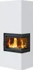A white corner fireplace with a glass door showing a fire burning inside. Anteprima dell’immagine prodotto