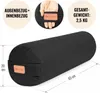 A black yoga bolster with measurement indicators and informational text in circles. Náhľad obrázku produktu