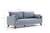 A blue sofa with dimensions indicated by white lines and text. Produktbild-Vorschau