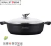 A black soup pot with a glass lid and silver handles, presented on a white background with branding and feature icons. Produktbild-Vorschau