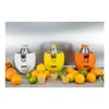 Three citrus juicers in different colors (white, yellow, orange) arranged with fresh citrus fruits and small glasses of juice. Podgląd zdjęcia produktu