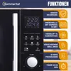 A close-up of a black microwave oven's control panel and door, with feature descriptions and icons on the right side. Produktbild-Vorschau