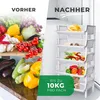 A split image showing a comparison of vegetables before and after being organized in a shelving unit. Produktbild-Vorschau