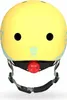 A front view of a yellow children's helmet with light blue accents and a red light on the back. Voir les images du produit