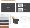 A diagram showing different options for a gutter end piece, including size and color choices, and left/right orientation. Produktbild-Vorschau