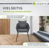 A chair with cushions is shown on a patio or balcony setting, with text overlays describing its versatility and use. Produktbild-Vorschau
