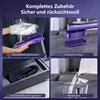 Collage of images showing a purple handheld garment steamer and its accessories. Produktbild-Vorschau