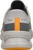 The back view of a white and gray athletic shoe with orange accents. Voir les images du produit