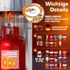 A close-up view of a red gas cylinder with a heater attachment, accompanied by marketing text and diagrams detailing important features and connections. Produktbild-Vorschau