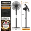 A marketing image showing a Brandson stand fan with its features and dimensions. Voir les images du produit
