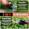 A collage showing a cordless hedge trimmer being used as a grass shear and a hedge trimmer, with text overlays describing its features and modes. Produktbild-Vorschau