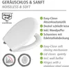A white toilet seat is shown with German and English text describing its features. Produktbild-Vorschau