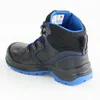 A black safety boot with blue accents on a white background. Produktbild-Vorschau
