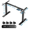 A black electric height-adjustable desk frame with dimensions and accessories shown. Produktbild-Vorschau