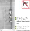 A shower corner shelf unit with a shower head and handheld shower in a tiled bathroom. Produktbild-Vorschau