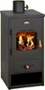 A black wood-burning stove with a glass door showing flames and a drawer at the bottom.
