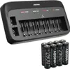 A black battery charger with multiple slots and a set of AA batteries in front of it, all on a white background. Produktbild-Vorschau