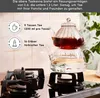 A glass teapot set is shown on a stovetop, with text describing its capacity and serving size. Produktbild-Vorschau