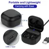 A black charging case for earbuds is shown with a USB-C cable and a measurement indicator. Podgląd zdjęcia produktu
