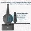Close-up of a black wireless headset with a charging base, with German text overlays explaining its features. Produktbild-Vorschau