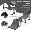 Collage of close-up shots and a main image of a grey folding lounge chair, highlighting its features. Náhled obrázku produktu