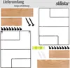 A collage of product components and accessories for a shelf, including wood-effect panels, metal frames, screws, and a spirit level. Náhled obrázku produktu