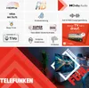 A collage of marketing images and product features for a Telefunken television, with a lifestyle shot of someone using the TV at the bottom. Produktbild-Vorschau