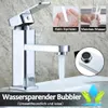 A chrome faucet is shown with water flowing, alongside inset images demonstrating its features. Podgląd zdjęcia produktu