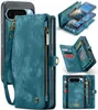 A collage of images showing a teal leather wallet-style phone case for a Google Pixel 9 Pro XL. Produktbild-Vorschau