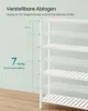 A white shelf unit with adjustable shelves is shown against a light blue and wooden background. Text overlays indicate adjustable shelves and dimensions. Produktbild-Vorschau