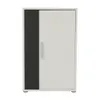 A close-up product shot of a cabinet with a white main body and a black accent on the left side. It has a single silver handle on the right door. Náhled obrázku produktu