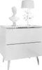 A white, glossy nightstand with two drawers and chrome legs, topped with a white bust and a white lamp. Produktbild-Vorschau