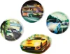 A collage of four round and one irregular shaped plates, each featuring a dynamic racing car scene. Podgląd zdjęcia produktu