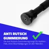 Close-up of the end of a black tension rod with a gray rubber grip, overlaid with German text and a green checkmark. Produktbild-Vorschau