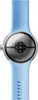 The back of a light blue Google Pixel Watch 2 with a silver casing is shown against a white background. Produktbild-Vorschau