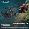 A farming simulator steering wheel and joystick controller is shown in the foreground, with a red tractor in the background, set against a blue, green, and brown backdrop with text. Produktbild-Vorschau