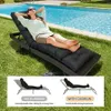 A woman relaxing on a chaise lounge next to a swimming pool, with an inset showing two diagrams comparing the comfort of a chaise lounge with and without a cushion. Náhled obrázku produktu