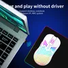 A white wireless gaming mouse with colorful RGB lighting is shown on a black mousepad next to a laptop. The laptop has a USB dongle plugged into it, and there are text overlays describing the product's features. Produktbild-Vorschau