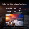 A laptop displaying a scenic image with text overlay describing its features. Produktbild-Vorschau